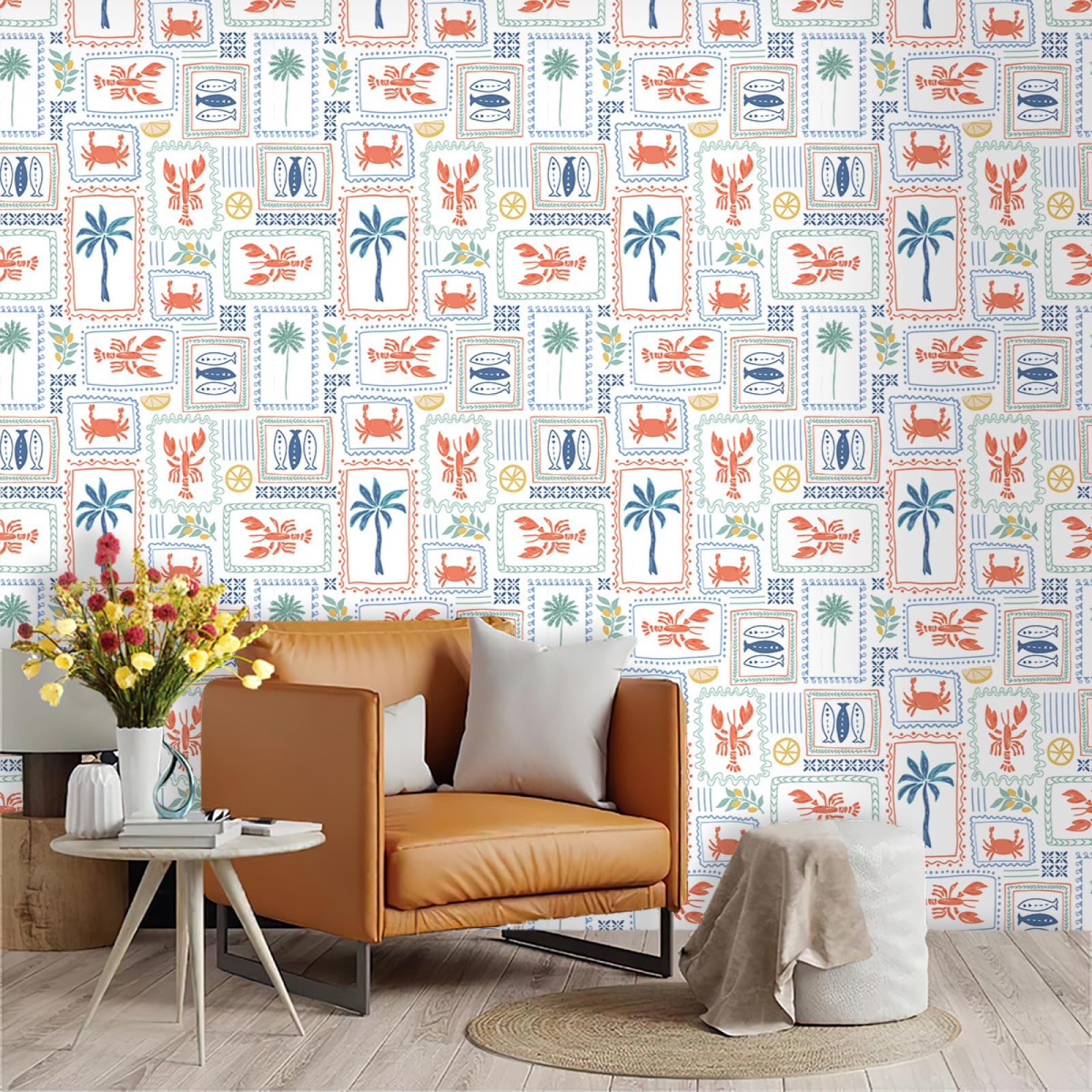 Wallpaper Orange Blue Peel and Stick Self Adhesive Wallpaper for Living Room Waterproof Vinyl, Art Deco Thicken Sticky Back Plastic Removable