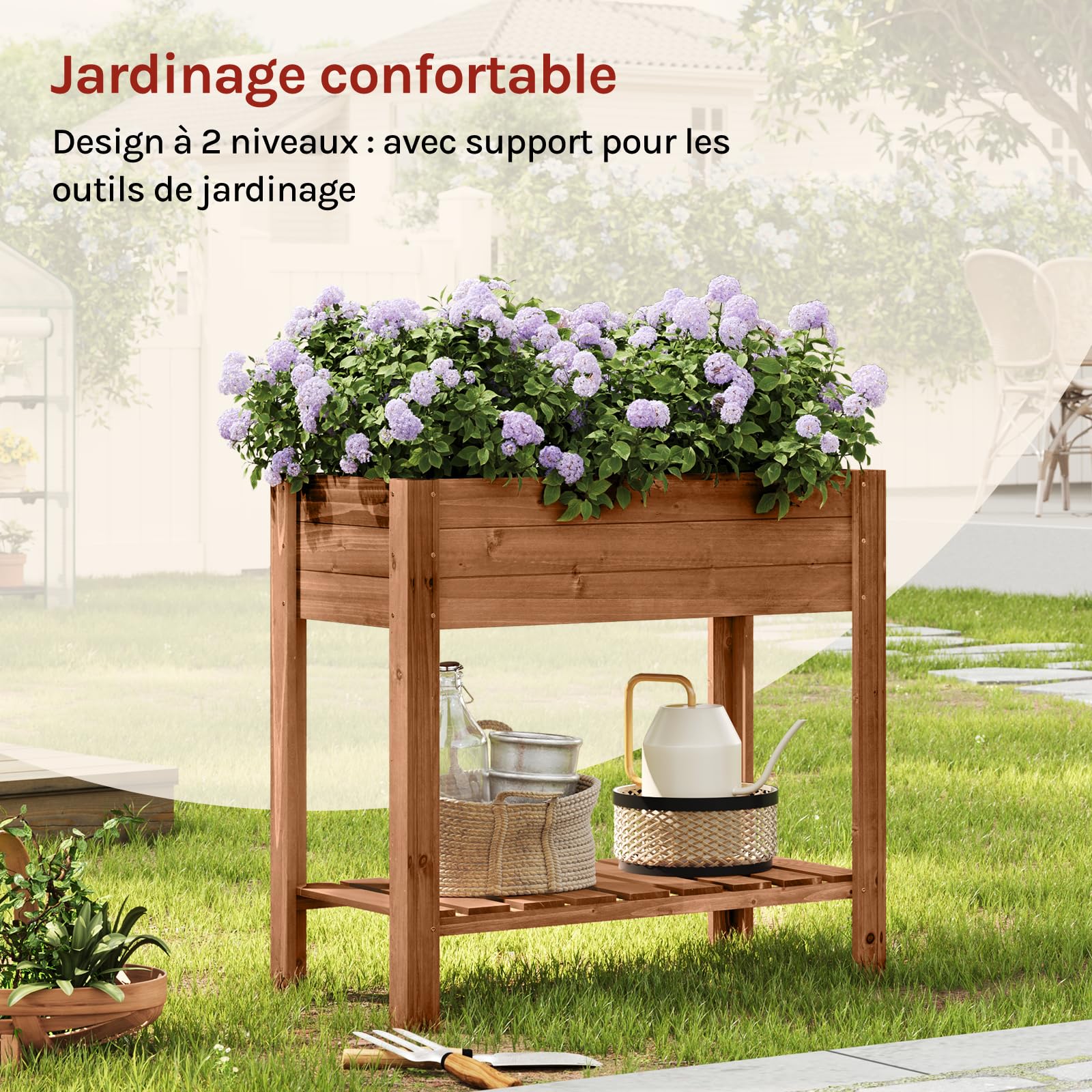 WOLTU Jadinière surélevée en Bois, 80x75x40 cm, Étagère avec Bac à Fleurs, Film Plastique, pour Légumes, Herbes Aromatiques, pour Balcon, Jardin, Terrasse, Intérieur, Extérieur, Brun