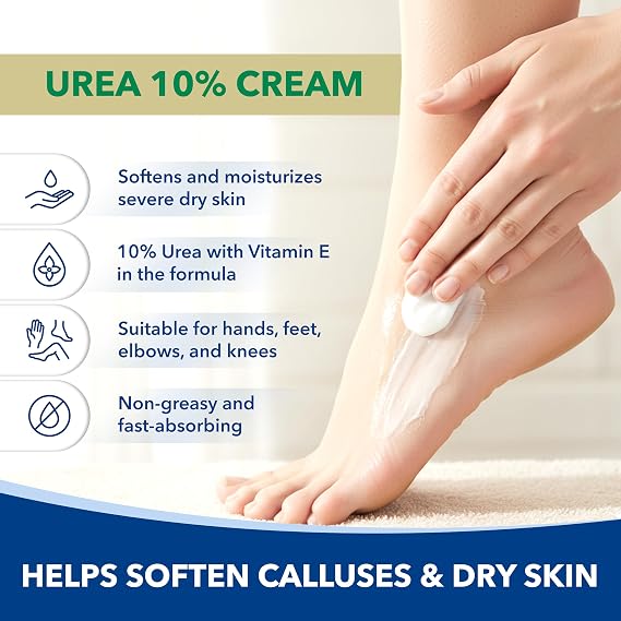 Urea 10% Cream with Vitamin E for Very Dry, Rough and Scaly Skin, Moisturizer for Hands, Feet, Elbows and Knees Inc, 3 oz