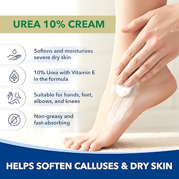 Urea 10% Cream with Vitamin E for Very Dry, Rough and Scaly Skin, Moisturizer for Hands, Feet, Elbows and Knees Inc, 3 oz