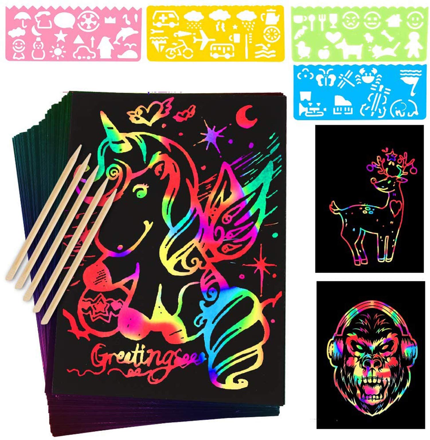 Starthi Scratch Paper Art Notebooks Rainbow Scratch Off Art Set for Kids Activity Color Book Pad Black Magic Art Craft Supplies Kits for Girls Boys Birthday Party Favor Game 60 Pcs