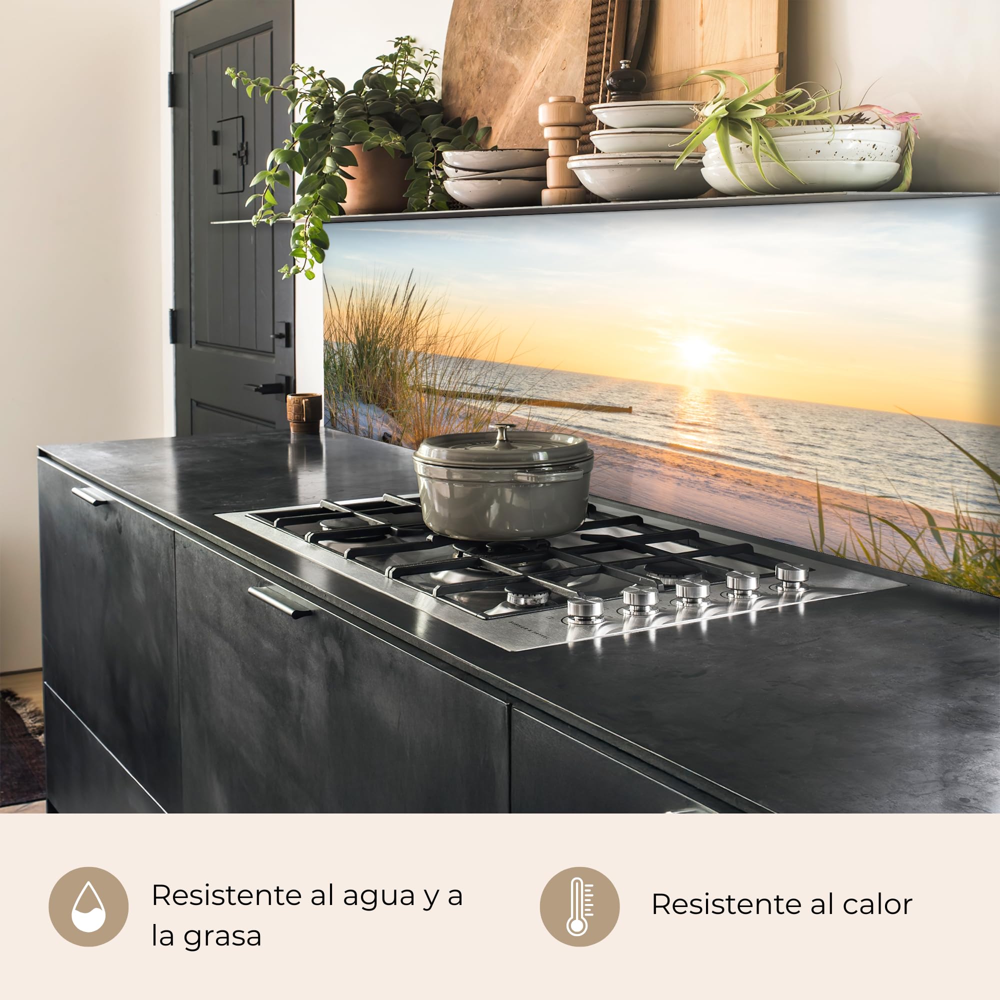 KitchenYeah© Antisalpicaduras Cocina 60x200 cm Adhesivo Salpicadero Protector Salpicaduras Sink Splash Guard Playa - Sol - Duna - Hierba - Arena - Horizonte | 60 x 200 cm – Panel trasero de cocina para cocina, pared, playa, sol, duna, hierba, arena, horiz
