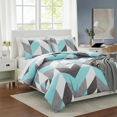 Miniatura 3 de Bedbay Juego de edredón verde azulado tamaño Queen, color turquesa, verde azulado, juego de ropa de cama geométrico, cheurón, verde azulado y gris,