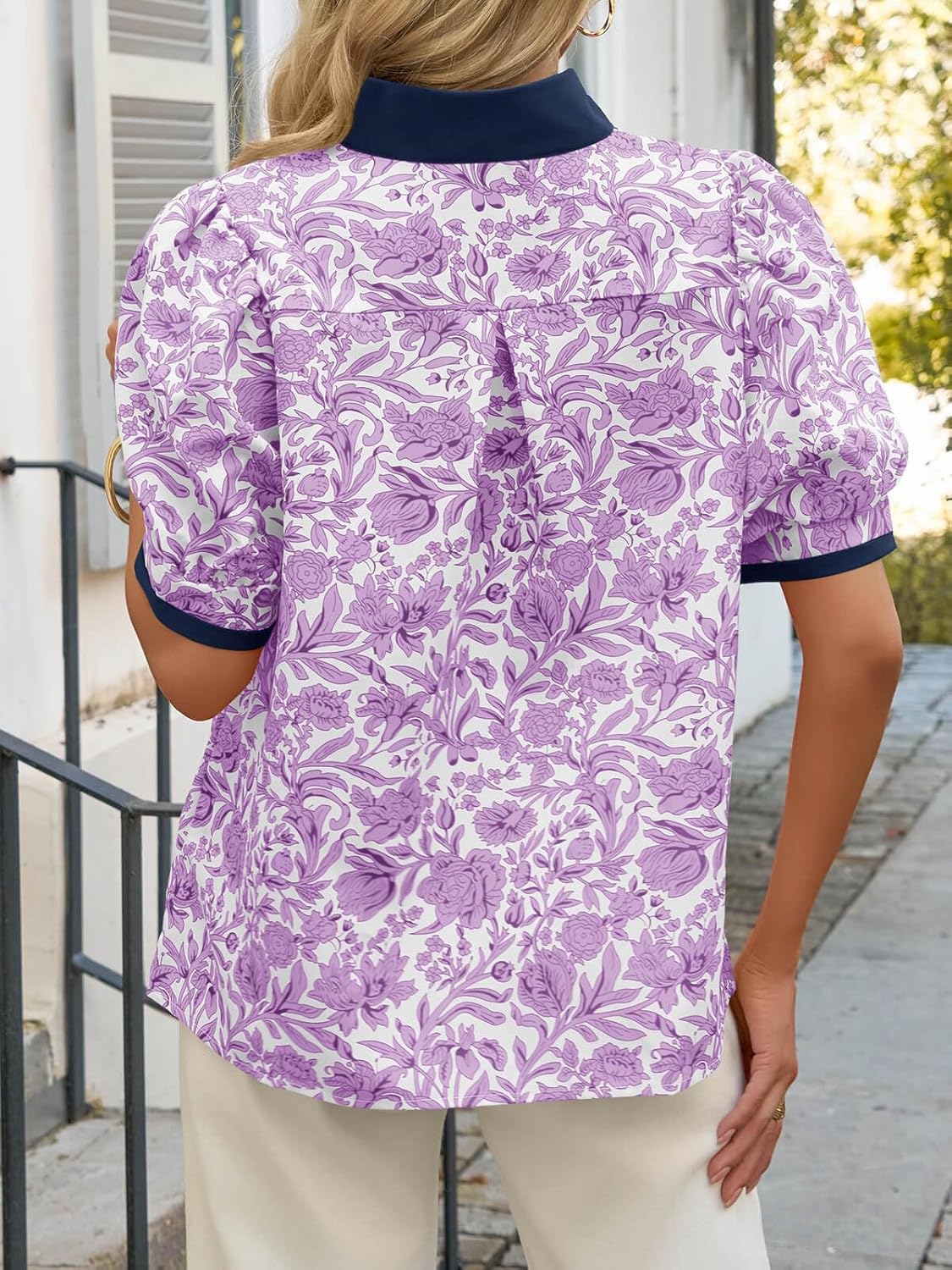 Cicy Bell Womens Floral Short Puff Sleeve Tops V Neck Patchwork Boho Summer Blouses Dressy Casual Shirts - Image 4