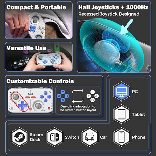 Miniatura 2 de IINE Retro Pocket Wireless Game Controller – Compact Gamepad with Hall Effect Joysticks, Customizable Buttons, 1000Hz Polling Rate – Compatible with