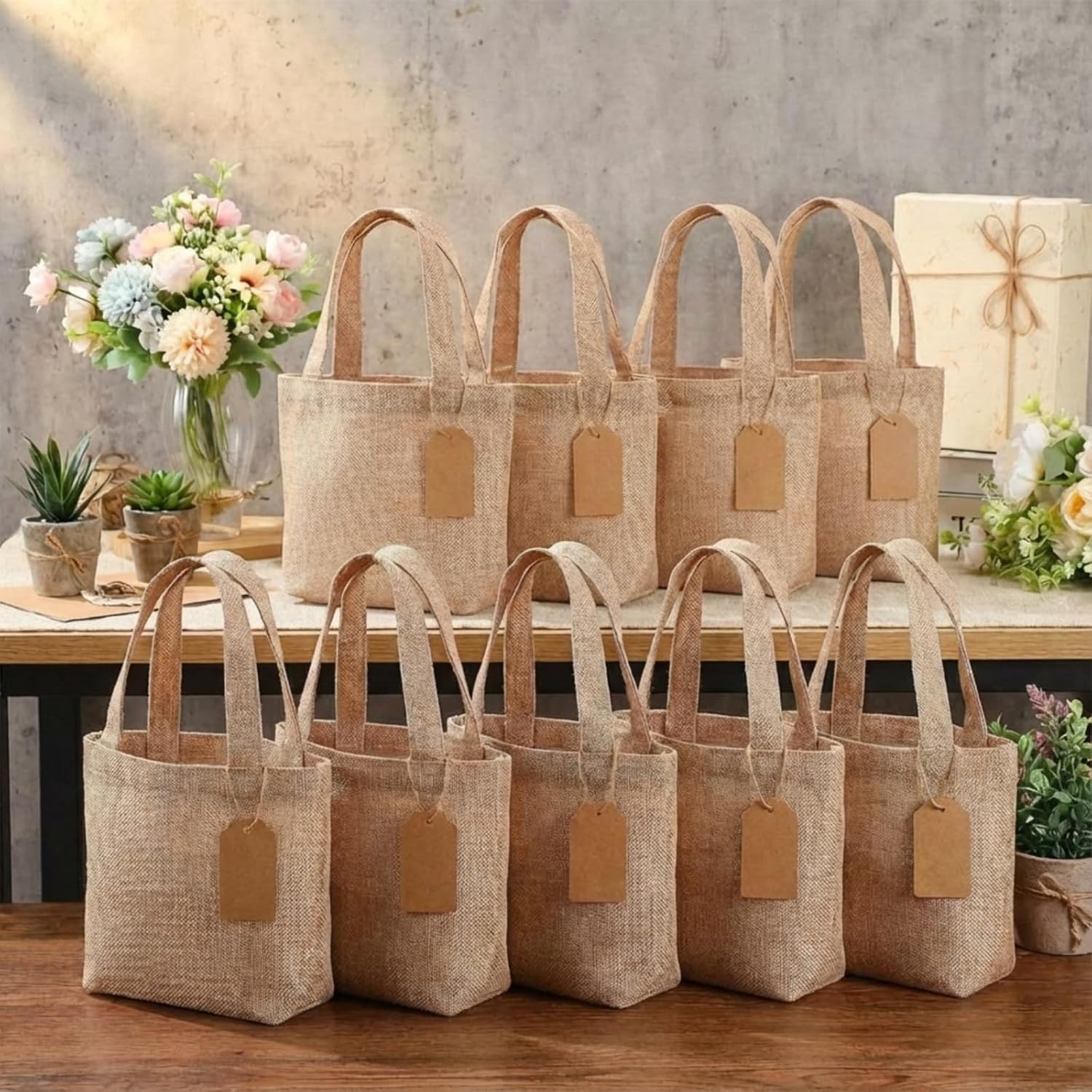 Aliceset 24 Pcs Mini Burlap Tote Bags with Handles Reusable Burlap Gift Bags with Tags Small Wedding Welcome Bridesmaids Jute Bag Bulk for Party Supplies DIY Craft (10 x 10 x 3.5 Inch,Light Brown)