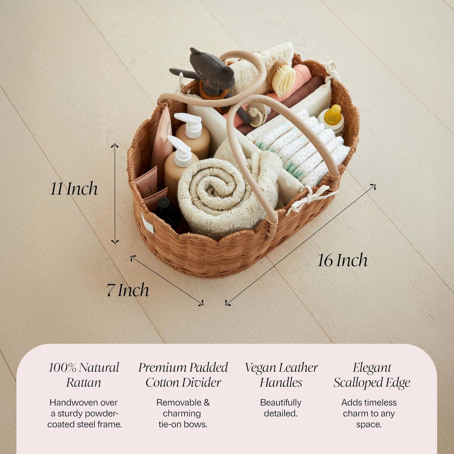 BEBE BASK Premium Baby Diaper Caddy Organizer - Handmade & Award-Winning Scalloped Rattan Basket - Luxury Diaper Caddy Basket - Elegant Scalloped Edge (Mocca)