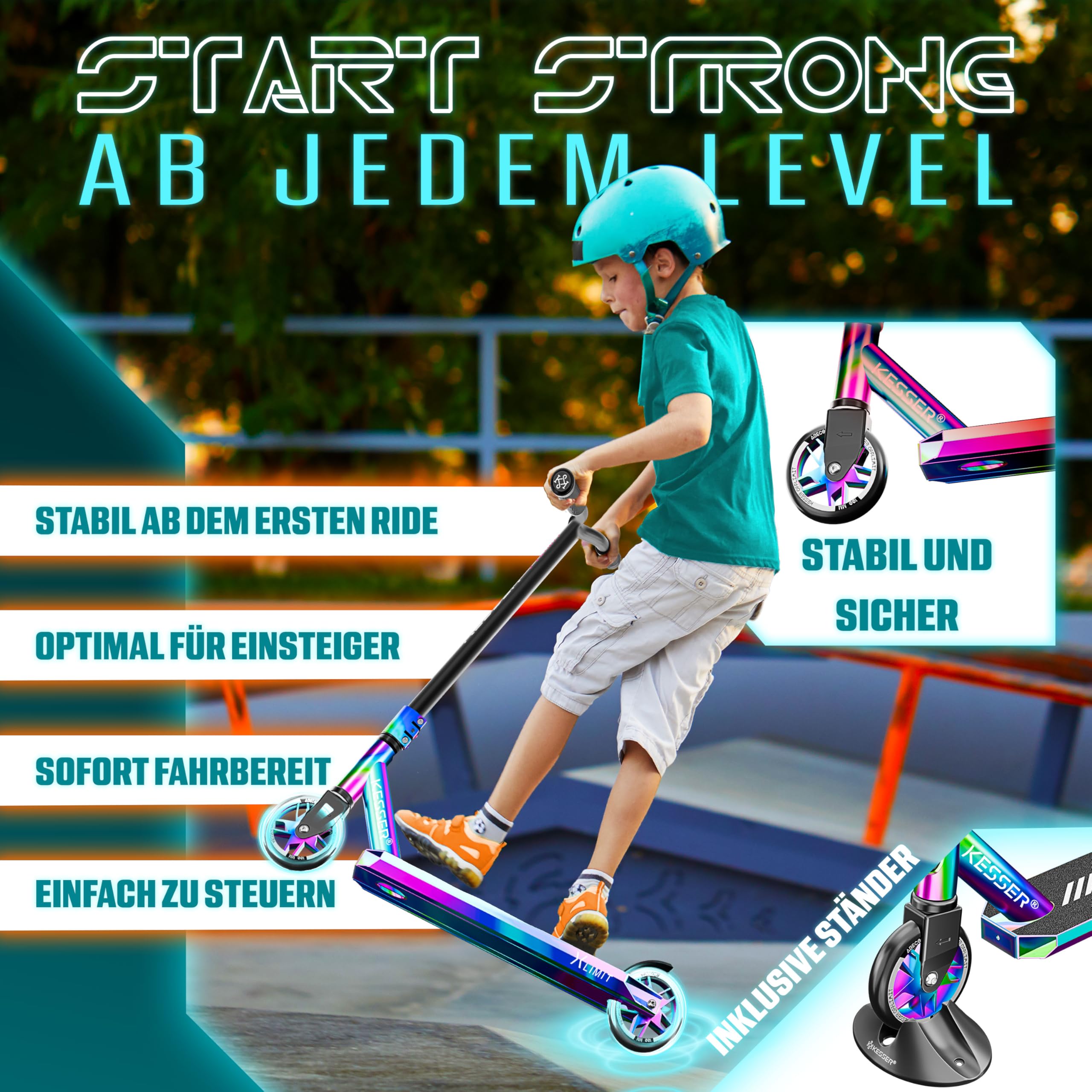 KESSER® Monopattino acrobatico X-Limit-PRO 360Ḟ Divertente Monopattino Monopattino acrobatico con Supporto ABEC 9 Cuscinetti a Sfera, Ruote in PU da 110 mm, Monopattino Scooter