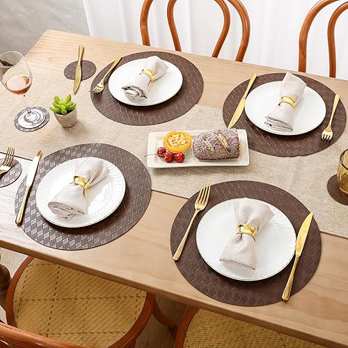 Miniatura 6 de SHACOS Juego de 6 manteles individuales redondos con posavasos, lavables, a prueba de fugas, de piel sintética, de 13 pulgadas, de vinilo sintético,