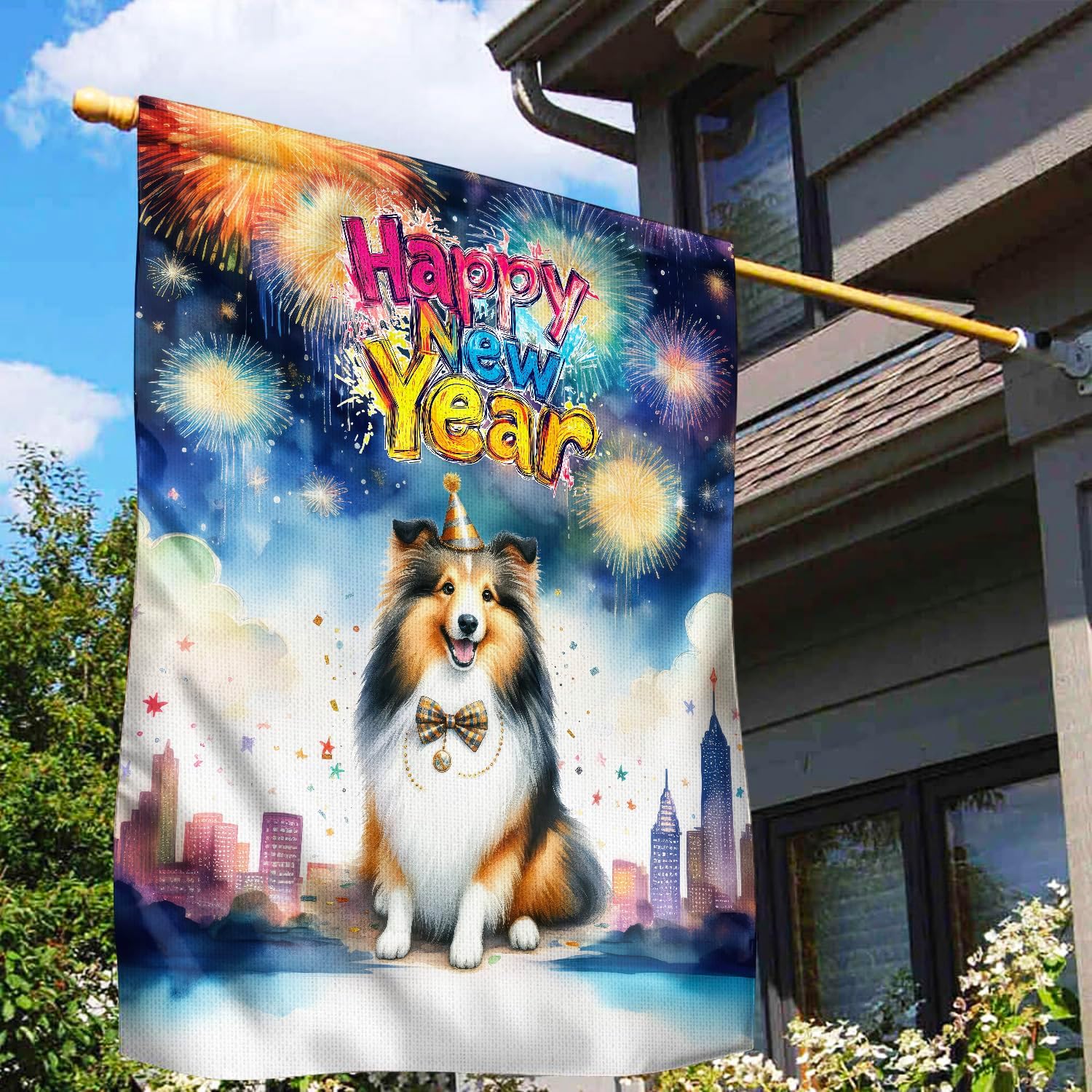 Happy New Year with Shetland Sheepdog Fireworks Holiday Xmas Winter 2025 House Flag 28x40in Double Sided Sheltie Dog Lover Gifts Outdoor Decor - 025