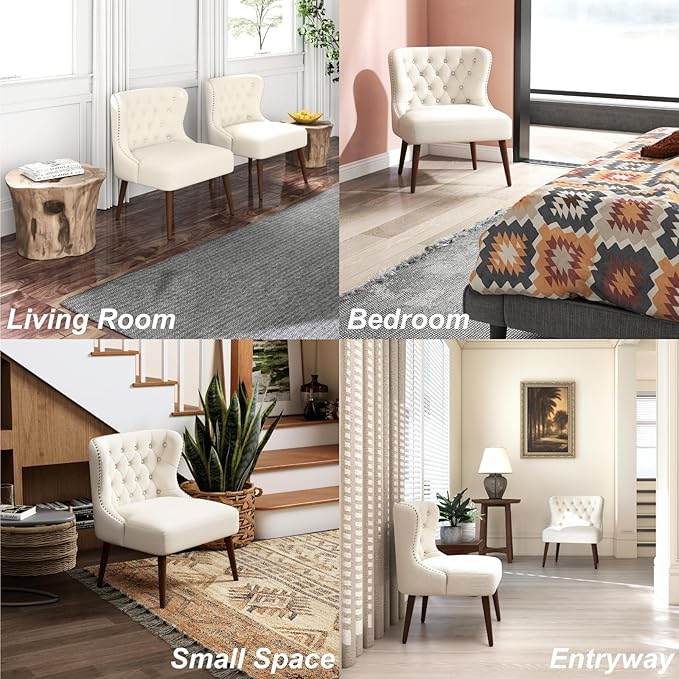 Sillón Acolchado Tapizado Lino Beige Moderno miniatura 8
