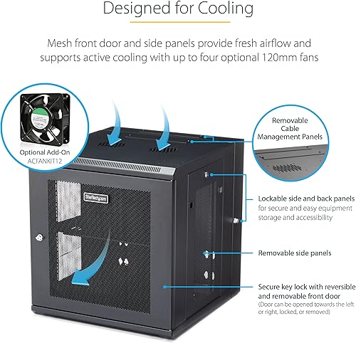 Miniatura 3 de StarTech. com 12U - Armario de red de montaje en pared de 19 pulgadas, 20 pulgadas de profundidad, 4 postes, con bloqueo de bisagras, gabinete de