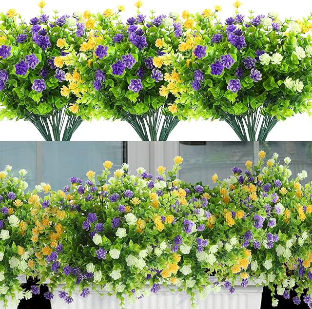 ALAGIRLS Outdoor Artificial Flowers UV Resistant 8 Bundles, Plastic Faux Flowers Fake Plants for Outdoor Planters Garden Front Door, Cemetery Flowers for Grave Vase Everlasting, White Yellow Purple