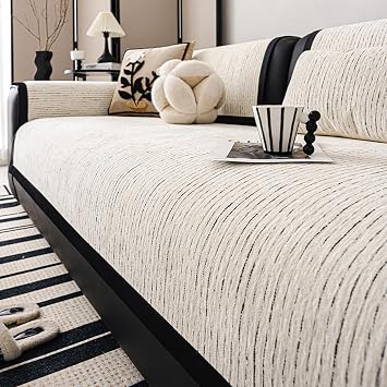 Luxury Chenille Couch Covers, Non Slip Striped Chenille Sofa Covers, Anti Scratch Couch Protector, Chenille Generic Couch Furniture(Size:1pc/43x83in,Color:White)