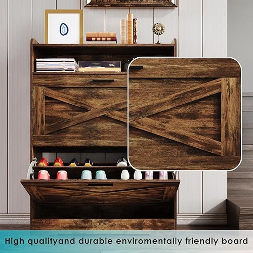 Miniatura 4 de Jartoil Armario de zapatos de gran tamaño, organizador de zapatos con 2 cajones abatibles y 2 cajones, moderno cubo inclinado para entrada, pasillo,