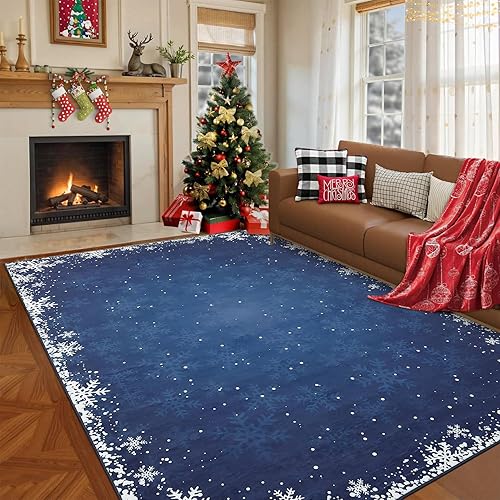 Miniatura 21 de Alfombra de área de Navidad de 5 x 7 pies para dormitorio, sala de estar, antideslizante, copos de nieve de Navidad, alfombra grande para interiores