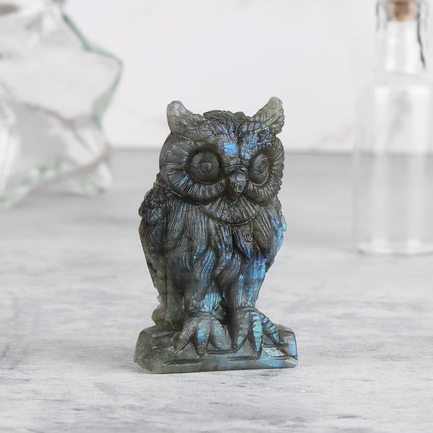 SMQ 2.0" Labradorite Crystal Owl Statue Home Decor Carved Gemstone Owl Paperweight Animal Carvings Figurines,Reiki Healing Stones for Bookshelf,Office Decoration