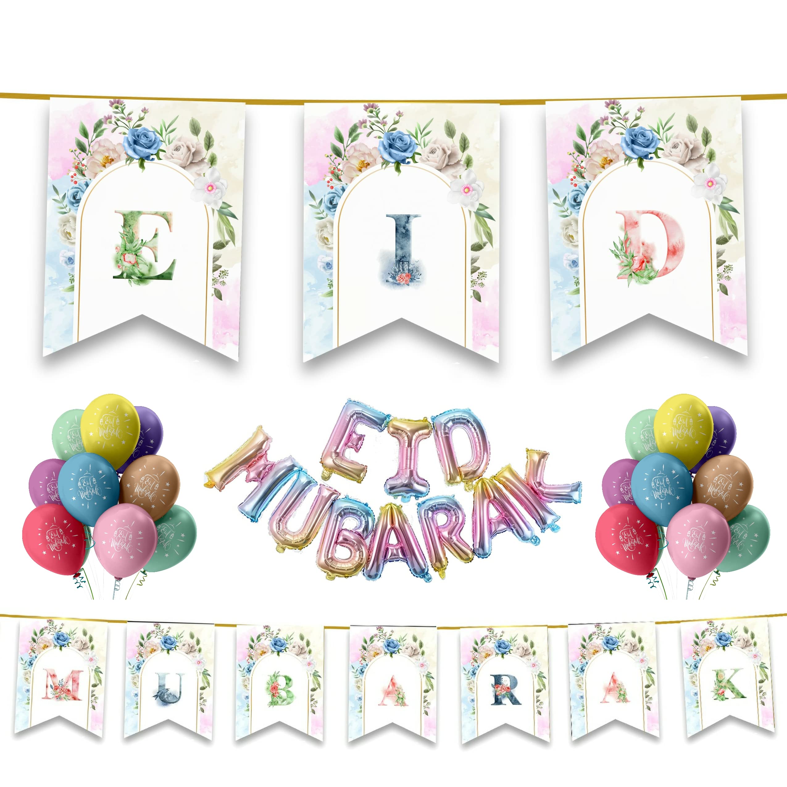 Happy Eid Mubarak Decoration Set - 31pc Set Pack - with Buntings Flags Foil Balloons Partyware Decor Mosque (Watercolour Multicoloured Floral 31pc Set)