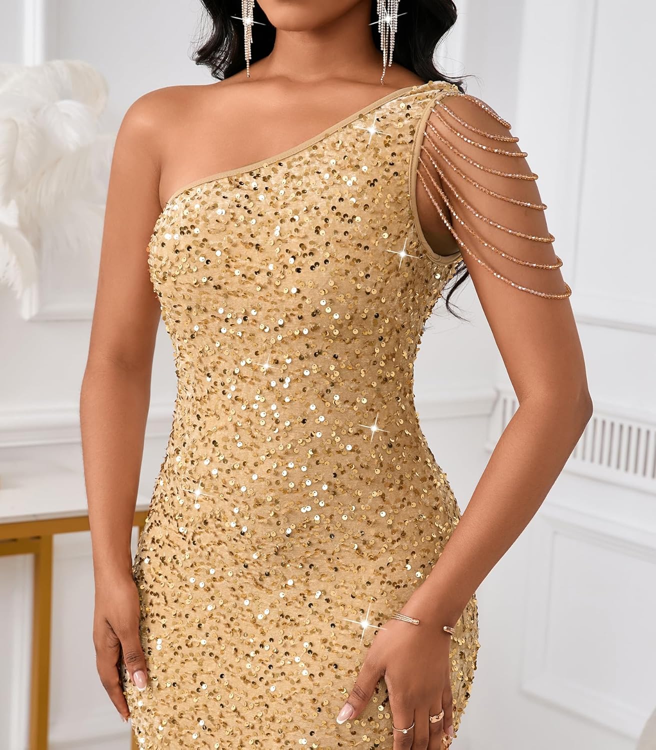 Cololura Women Sequin Elegant Sexy Tassels One Shoulder Mermaid Bodycon Cocktail Evening Midi Party Formal Dress