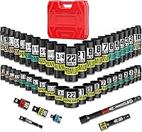 KIRXST 50-Piece 3/8" Drive Impact Socket Set SAE 5/16-3/4" Metric 8-22mm Cr-V Steel 6-Point with Extensions Adapters