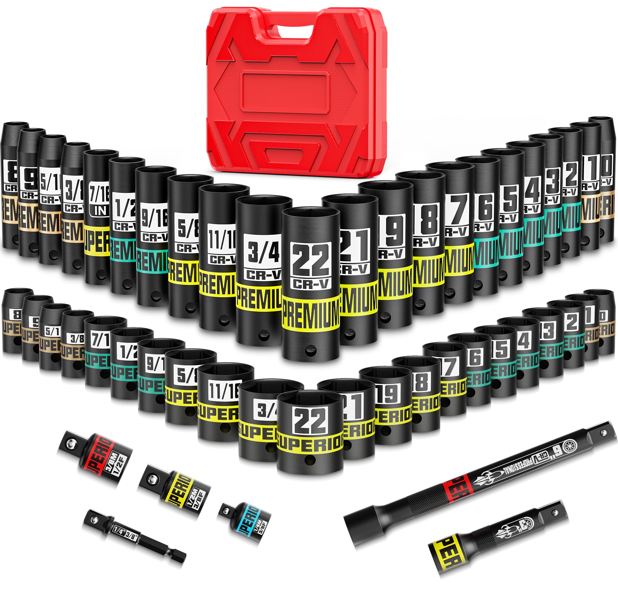 Set di chiavi a bussola da 3/8", 50 pezzi, standard SAE da 5/16 a 3/4" e metriche 8-22 mm, acciaio Cr-V, 6 punti, con barre di estensione e adattatori