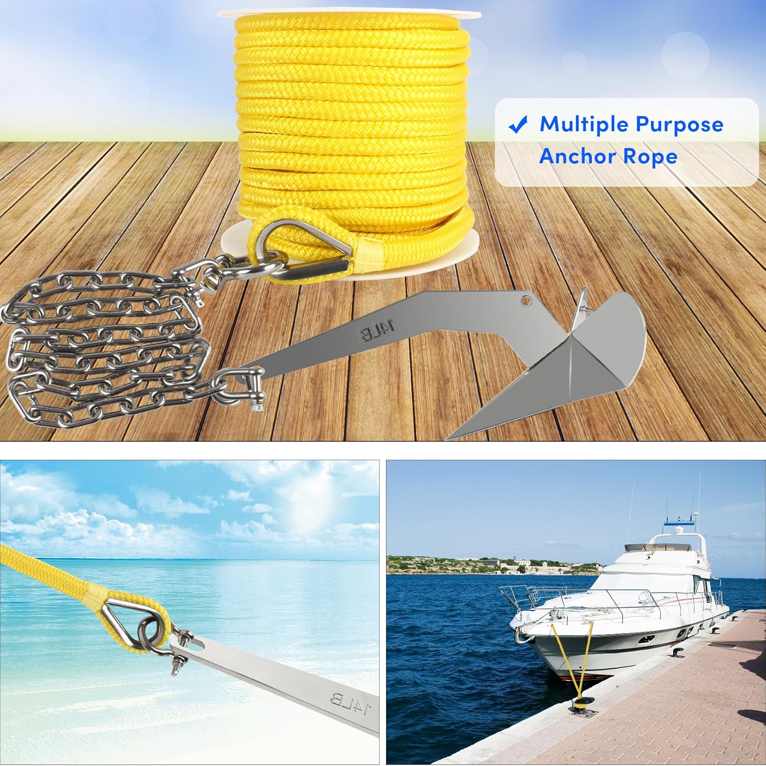 Boat Anchor Rope 100 ft x 3/8 inch Yellow, Double Braided Anchor Line with Stainless Steel Thimble & Shackle, Marine Rope Ideal for Towing,Mooring,Decks,Anchoring,for Boats Up to 27'