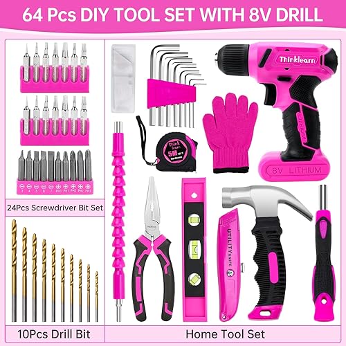 Miniatura 9 de Juego de herramientas rosas de 64 piezas con taladro inalámbrico, taladro eléctrico de 8 V y kit de herramientas rosa para mujeres, kit de