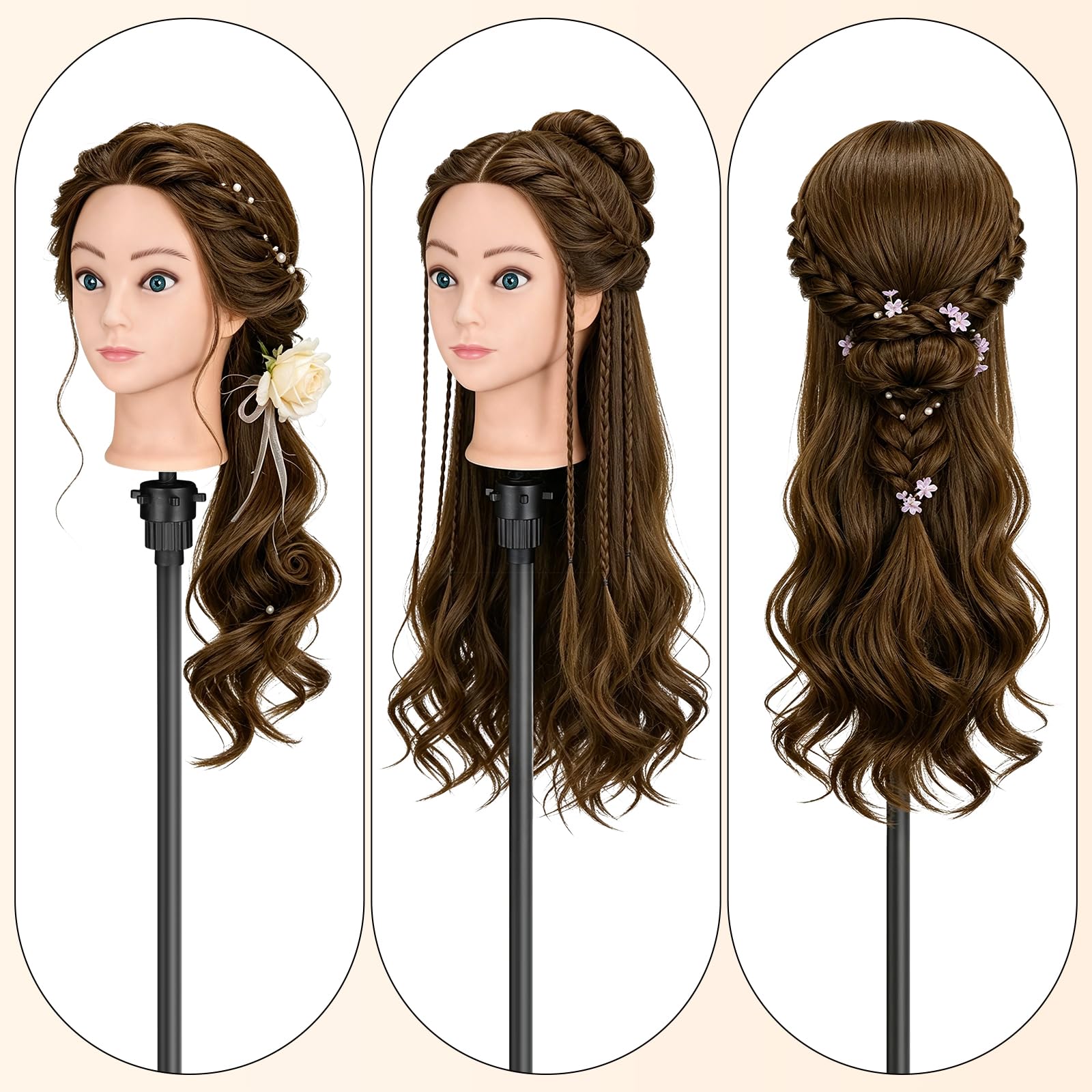 Friseur Kopf Frisierkopf 100% Echthaar 20 Zoll Trainingsköpfe für Friseure Friseurkopf Übungskopf Puppen Kopf zum Frisieren Kosmetik Puppenkopf Mannequin kopf mit Tischhalter + Haare Zubehör