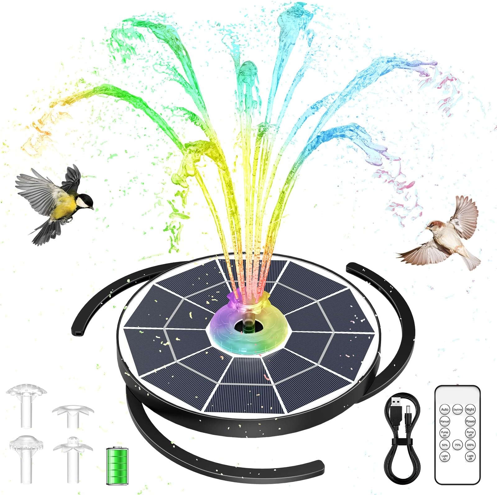 AISITIN 6.5W LED Solar Fountain with Remote Control, Solar Pool Pump with 3000 mAh Battery & 3 Fixed brackets, Solar Powered Water Fountain for Garden Ponds, Bird Bath, DIY Water Pond