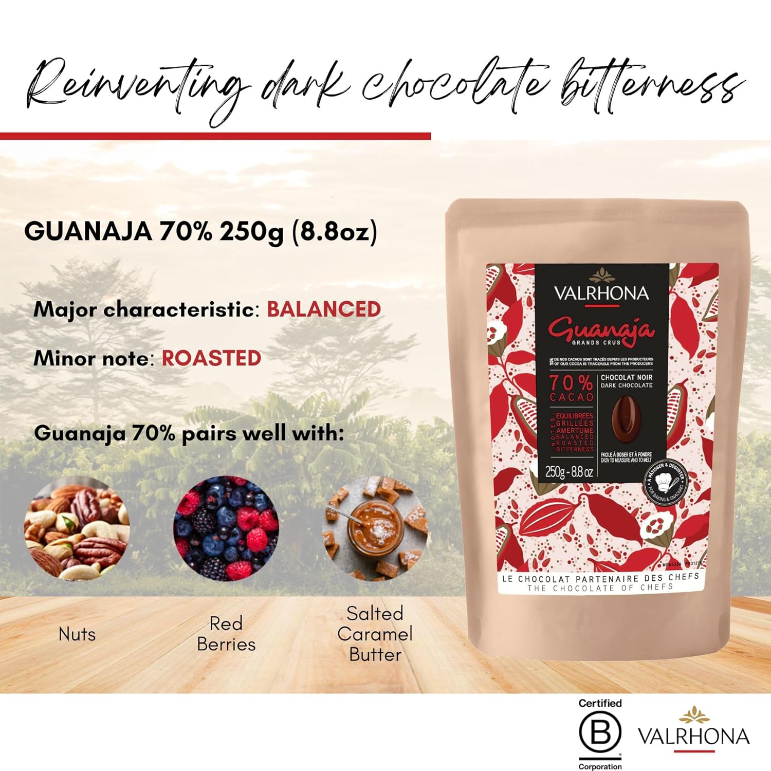 Valrhona Premium French Baking Dark Chocolate Discs (Feves). Classic GUANAJA 70% Cacao. Easy Melt. Easy to chop. Intense & Smooth with Bitter Notes. Sauces, Cakes, Mousses, Frostings 250g (Pack of 1)