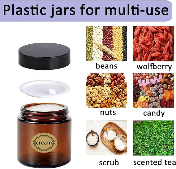 Round Cosmetic Containers - 6Pcs 100ML Empty Amber Plastic Jars With Black Lids, 3 Spatula & 6 Labels - Refillable Travel Jars for Lotion, Ointments, Creams, Gel Storage