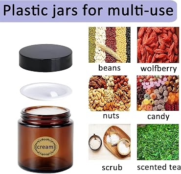 Round Cosmetic Containers - 6Pcs 100ML Empty Amber Plastic Jars With Black Lids, 3 Spatula & 6 Labels - Refillable Travel Jars for Lotion, Ointments, Creams, Gel Storage