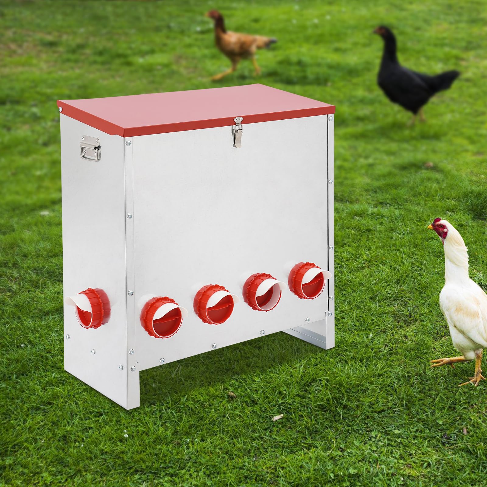 Alimentador de aves de corral galvanizado de gran capacidad, automático para pollos y patos, sin diseño de residuos, para alimentar hasta 10 pollos o pavos al aire libre con tapa (30 kg)