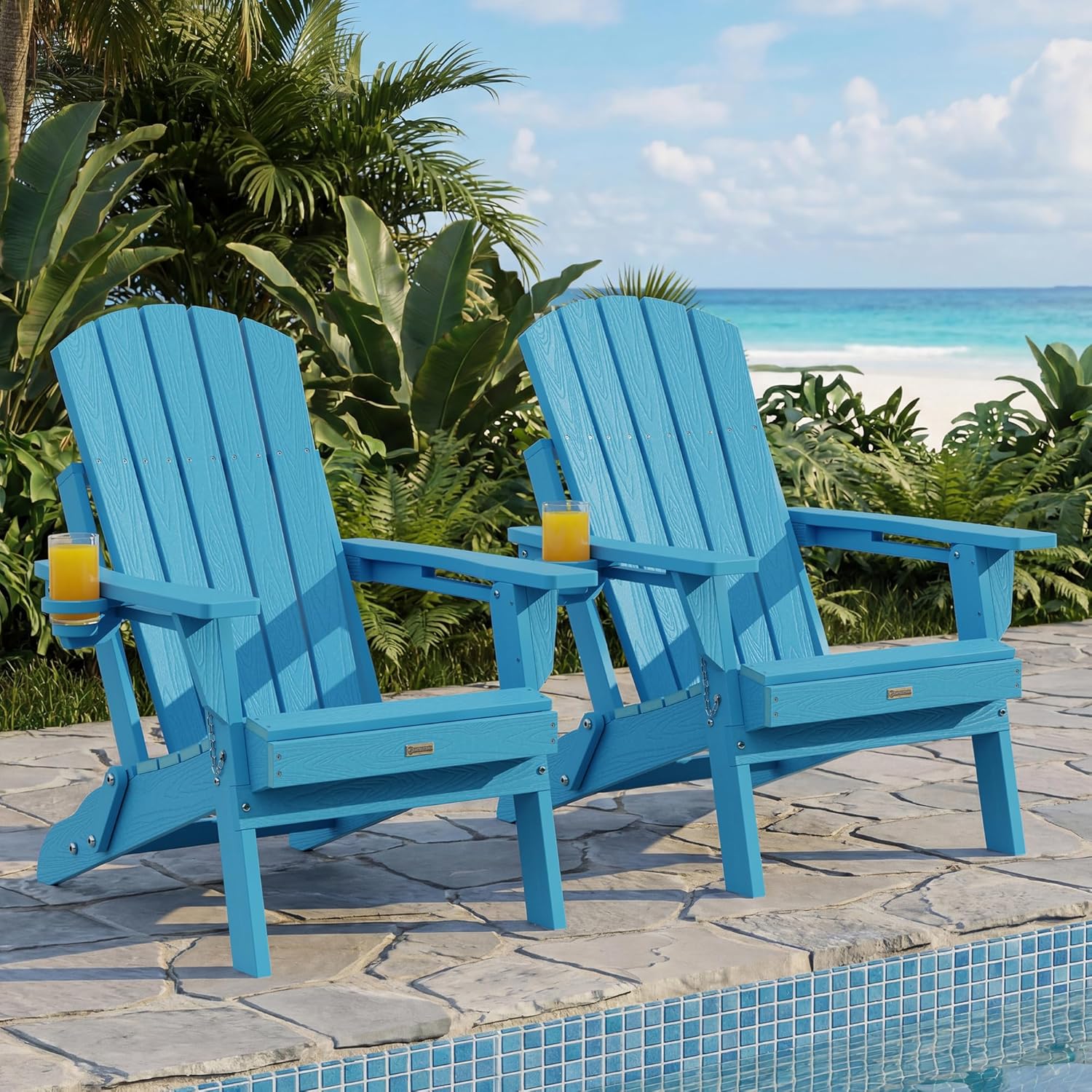 Adirondack Chairs Set of 2 for Outdoor Patio: Sturdy HDPE Plastic Fire Pit Chairs with Cup Holder & Wood Texture - Comfortable Easy to Assembly All-Weather Furniture - Easy Foldable and Stackable