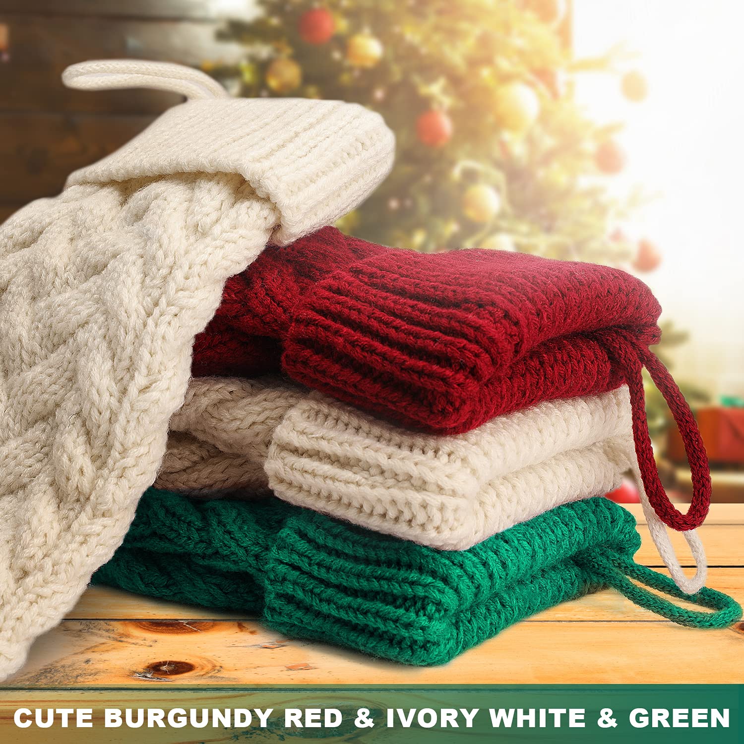 'LIBWYS Knit Christmas Stockings, 18'' Large Cable Xmas Stockings Classic Burgundy Red & Ivory White Chunky Hand Stockings'