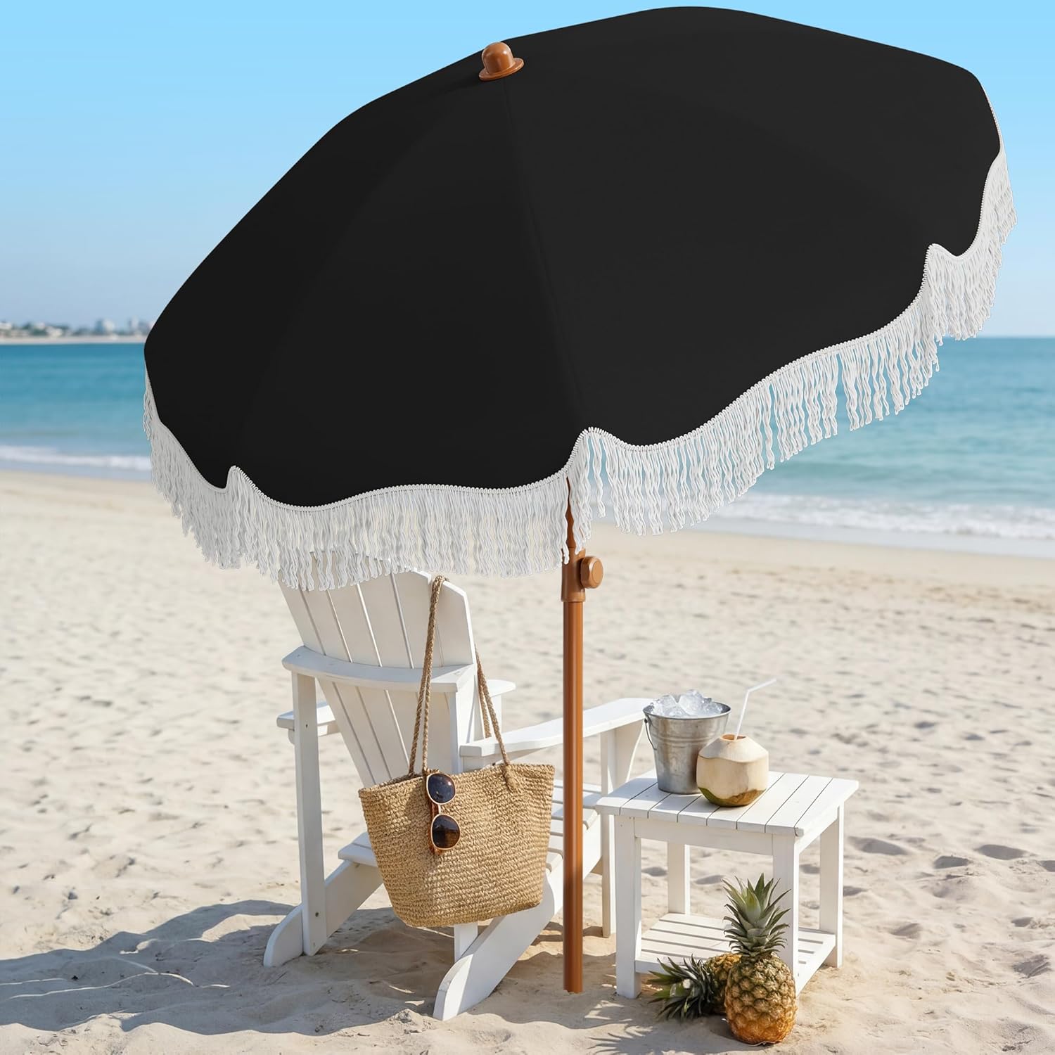 AreShark 7ft Patio Umbrella with Fringe, UPF50+ Beach Umbrella for Table, Pool & Garden, Portable Outdoor Tassels Umbrella w/Fiberglass Ribs&Push Bottom Tilt(Black)