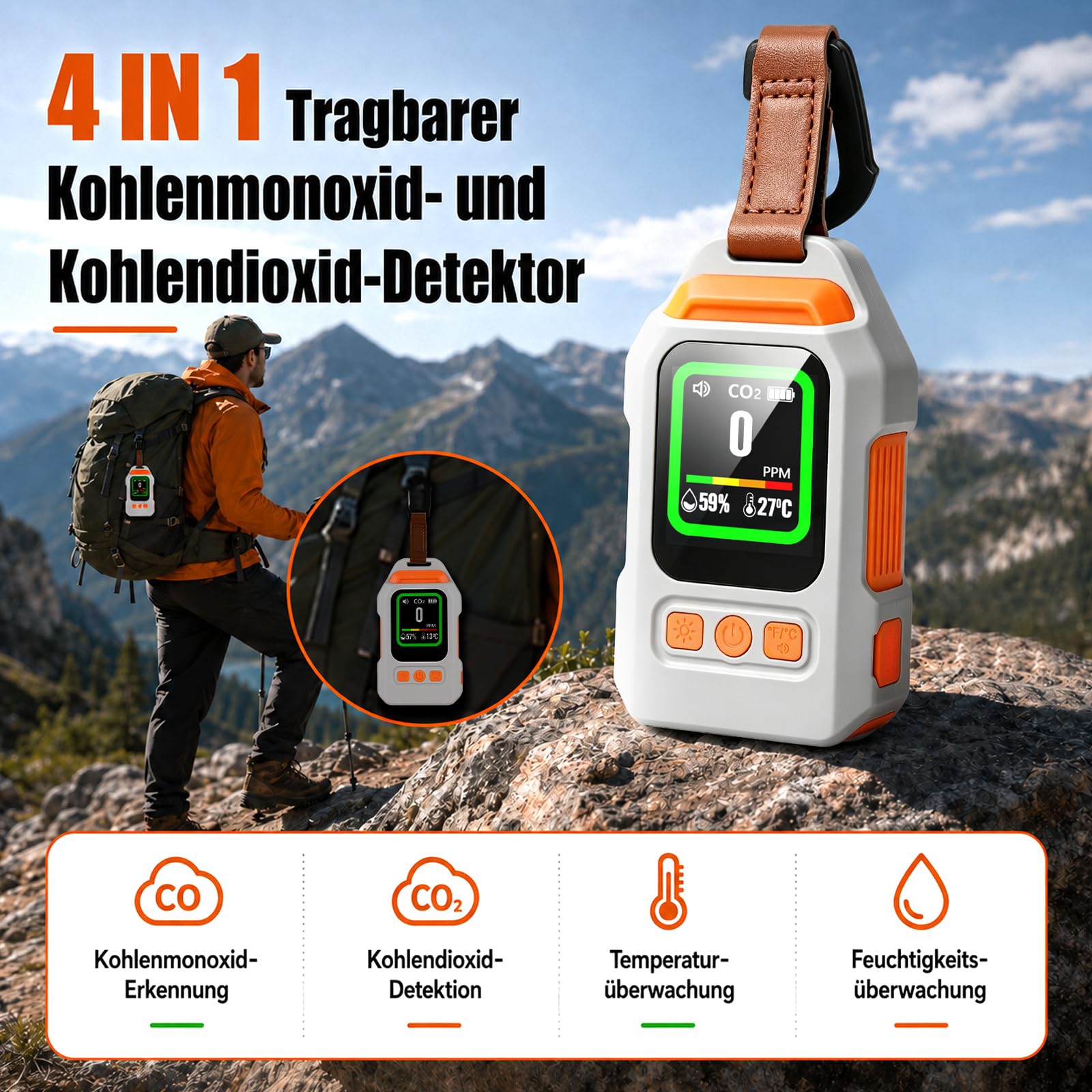 4-in-1 Tragbarer Kohlenmonoxid Melder, 300 Stunden Akkulebensdauer, Thermometer und Hygrometer mit Alarmfunktion und Notleuchte für Reisen Camping, Zelt, Wohnmobil, Wohnmobil, Zuhause, Küche