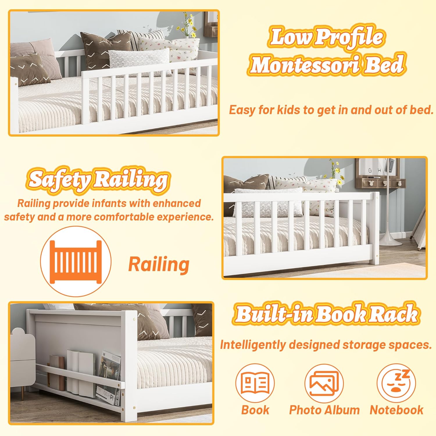 Twin Size Montessori Bed, Low Profile Montessori Floor Bed Twin with Built-in Book Rack, Wood Baby Floor Beds for Girls & Boys, No Spring Box Required, No Squeaks, White
