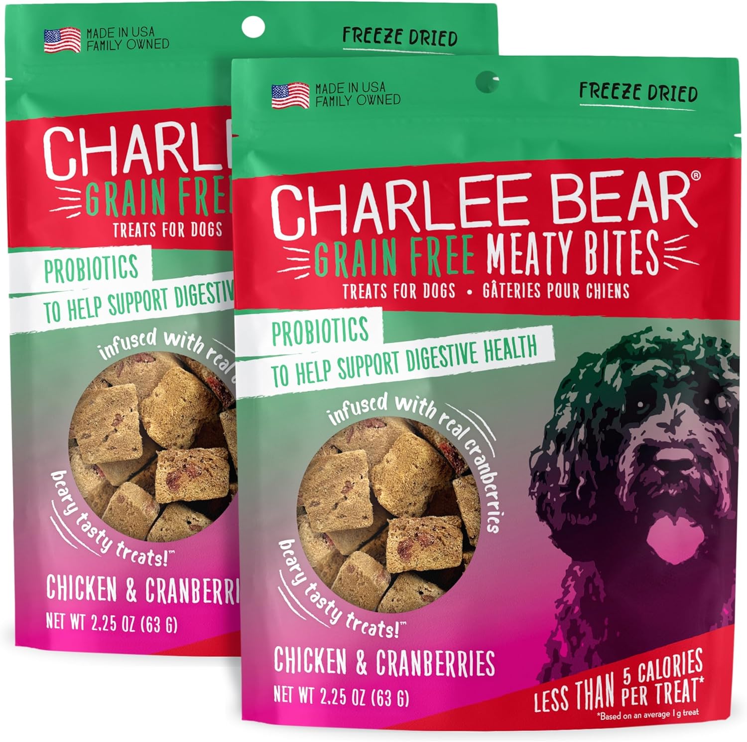 Charlee Bear Grain Free Meaty Bites Freeze Dried Dog Treats with Probiotics, Puppy Training Snacks, Soft Dog Bites Variety Pack, 2.25 oz Bags (5), Made USA