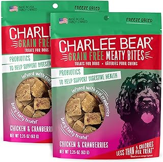 Charlee Bear Grain Free Meaty Bites Freeze Dried Dog Treats with Probiotics, Puppy Training Snacks, Soft Dog Bites Chicken with Cranberries, 2.25 oz Bags (2), Made USA
