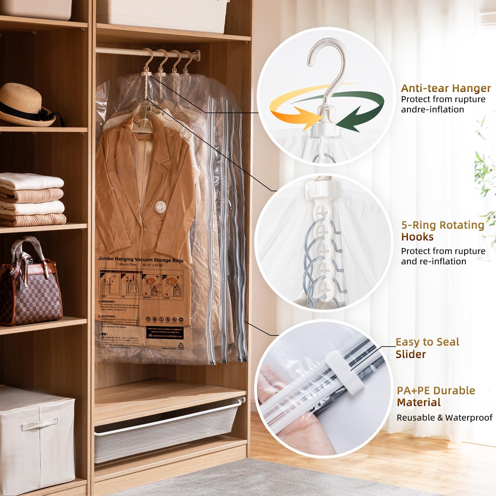 TAILI Bolsas de almacenamiento al vacío colgantes para ahorrar espacio, 6 bolsas de sellado al vacío transparentes para ropa, trajes y chaquetas, organizadores de armario y almacenamiento