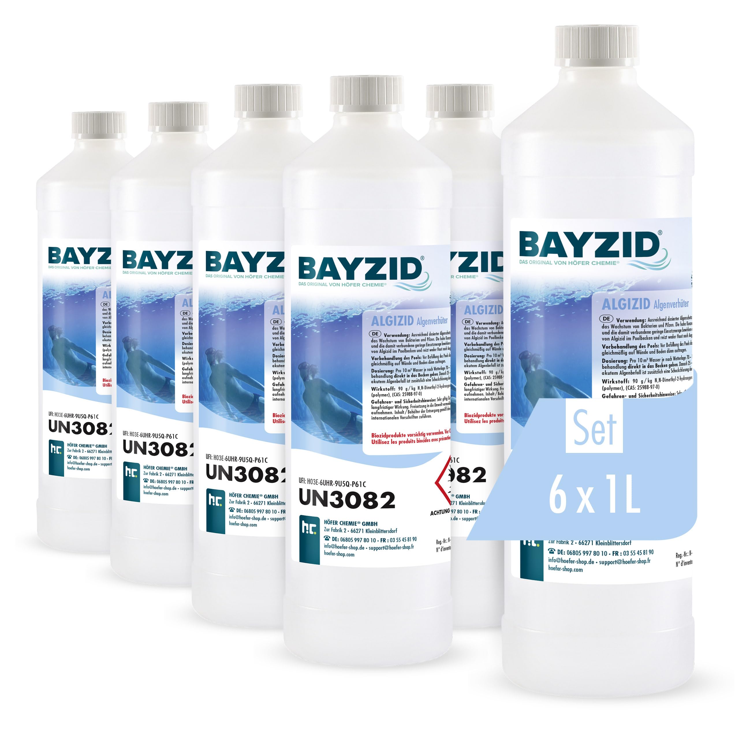 BAYZID® Algicide Anti Algue pour Piscine 6 x 1 L - Anti-Algues Non Moussant - Double Action Curative et Préventive - Efficace Contre Bactéries et Champignons