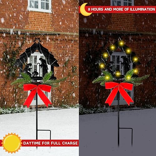 Miniatura 2 de 2 luces solares iluminadas de Navidad con estaca de belén, estaca de metal, impermeable, luz sagrada, decoración al aire libre con flor de pascua