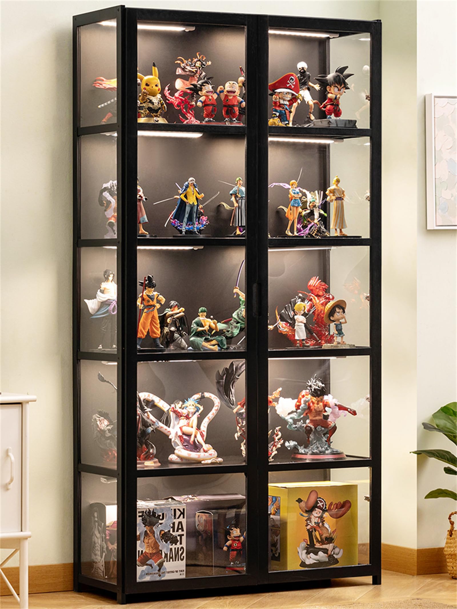 Display Cabinet, Clear Display Case for Figures，Storage Shelves with Acrylic Glass Door, Bamboo Storage Cabinet Floor Standing Transparent Showcase 160 * 62 * 33cm black