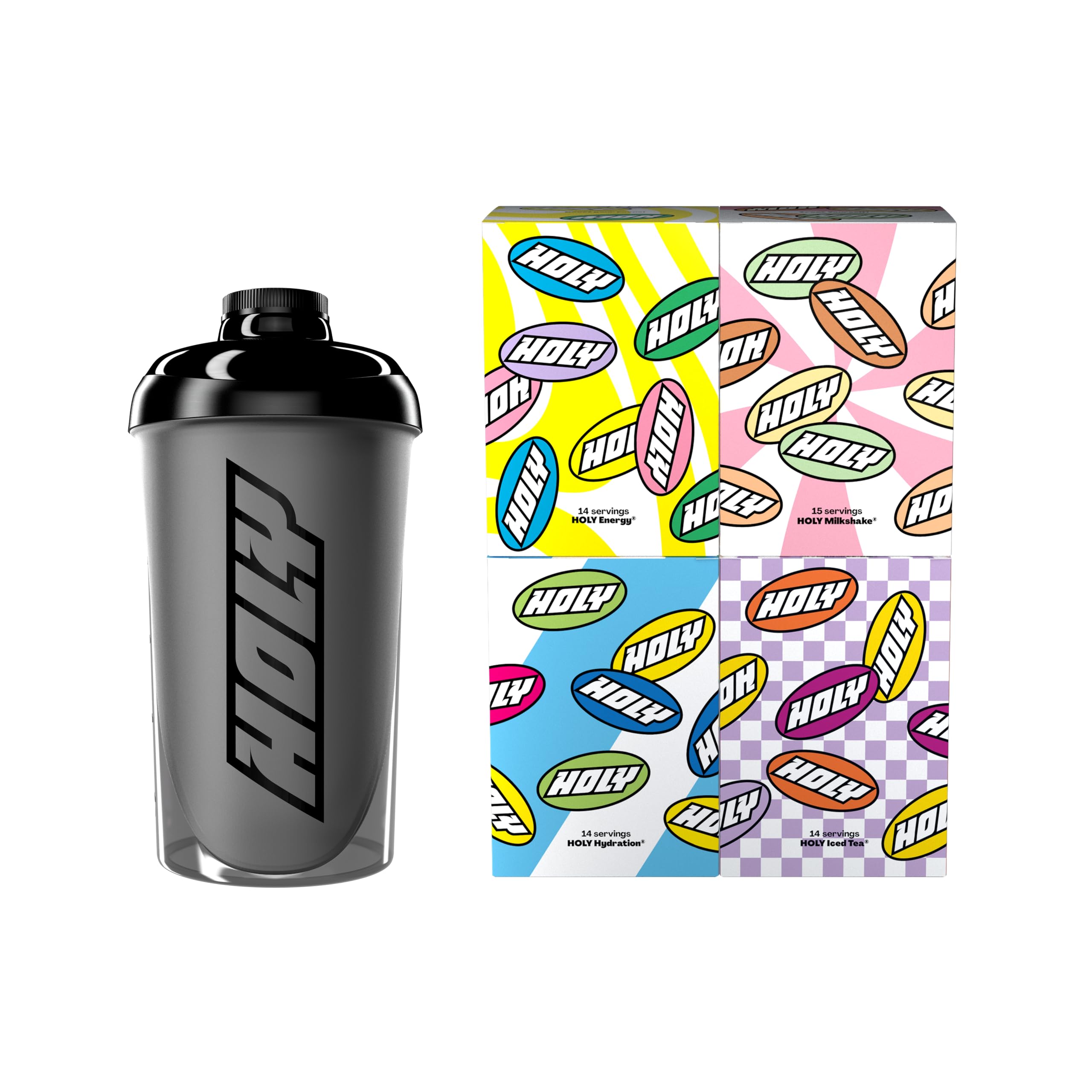 HOLY Starter Set Deluxe - Energy, Iced Tea, Hydration & Milkshake - 57 Portionen in 26 fruchtigen Geschmacksrichtungen - Vegan & zuckerfrei mit 100% natürlichen Fruchtaromen