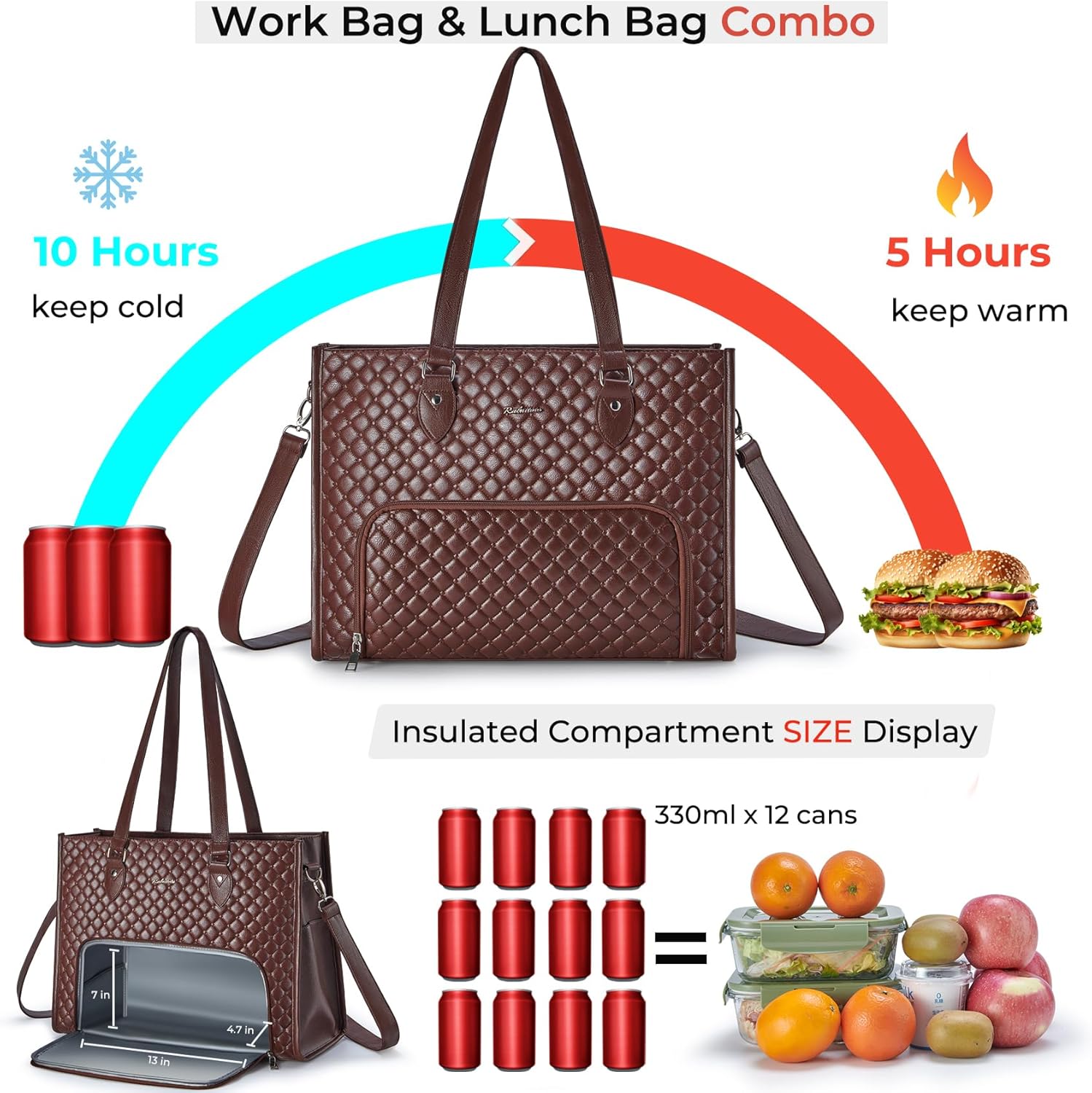 Laptop Tote Bag with Insulated Lunch Compartment for Women, PU Leather 15.6 Inch Work Bag, Elegant Computer Handbag, Versatile Business Tote for Office,Travel or Casual-Chocolate Brown - Image 3