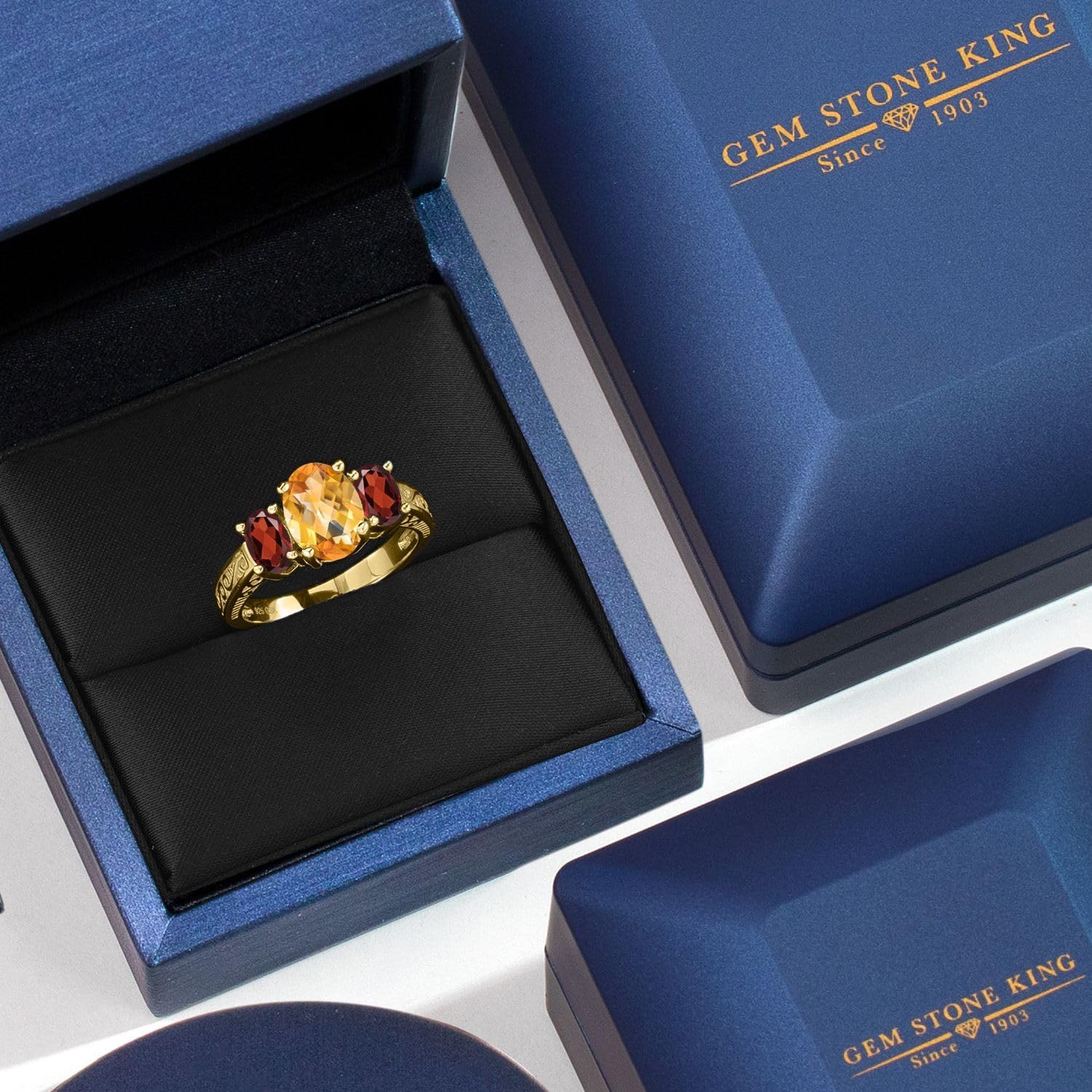 Gem Stone King 18K Yellow Gold Plated Silver Yellow Citrine and Red Garnet Ring For Women (2.70 Cttw, Gemstone Birthstone, Size 7)
