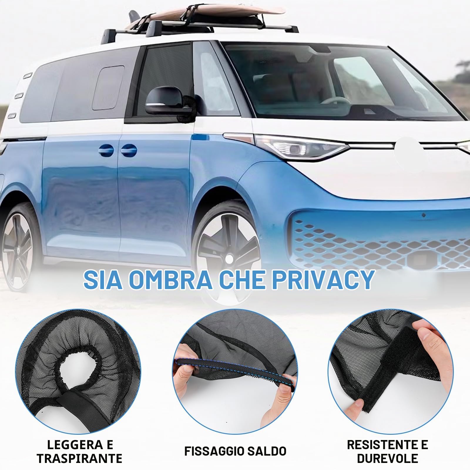 Zanzariere per Porta Anteriore (Coppia) Set 2 Pezzi Protezione Solare per Finestrini Dell'Auto Compatibili con VW ID Buzz 2022-2025, In Rete Traspirante, per Campeggio