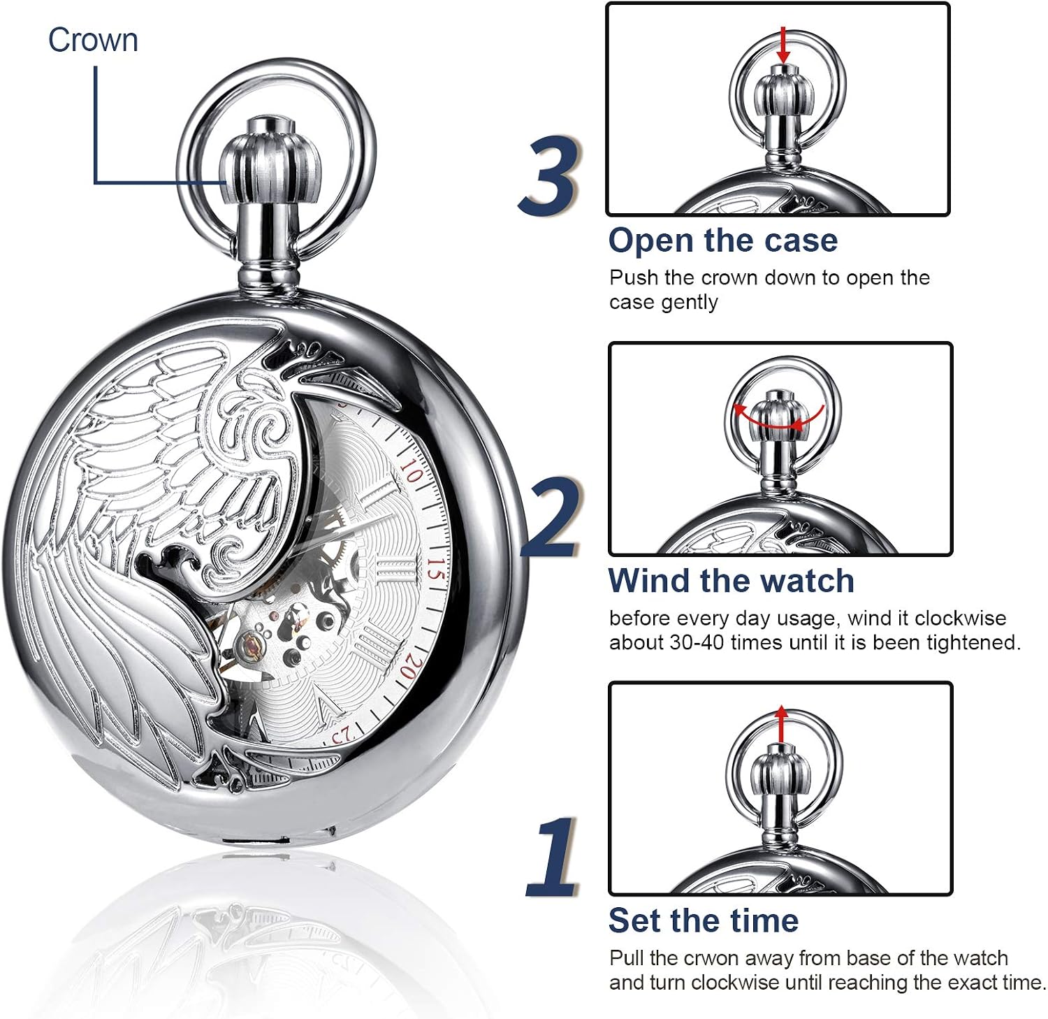 TREEWETO Men's Pocket Watch with Chain, Retro Eagle Analog Steampunk Skeleton Watch, Mechanical Pocket Watches with Roman Numerals for Men