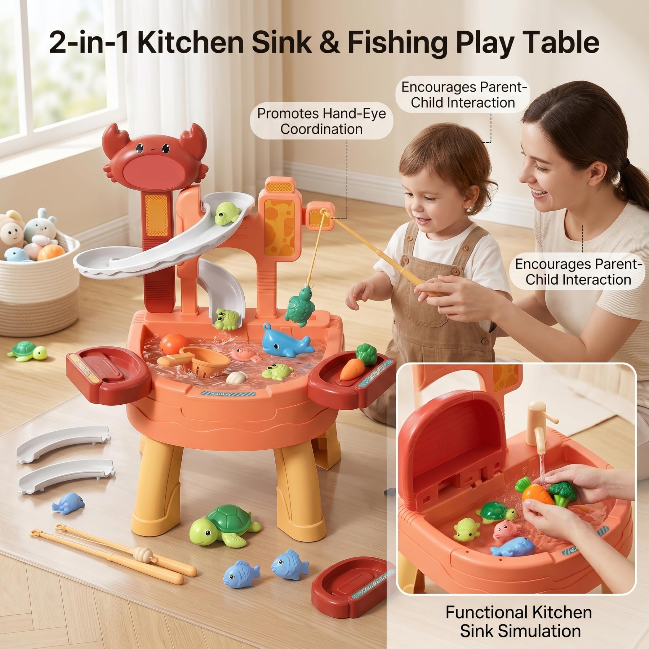 Wassertisch für Kleinkinder, 35 x 45 x 49 cm, sensorisches Wasser- und Sandaktivitäts-Spielset für Kinder mit Lauf-, Umlauf- und Angelspielzeug-Set, Sommer-Outdoor-Spielzeug für Kinder, Kleinkinder v